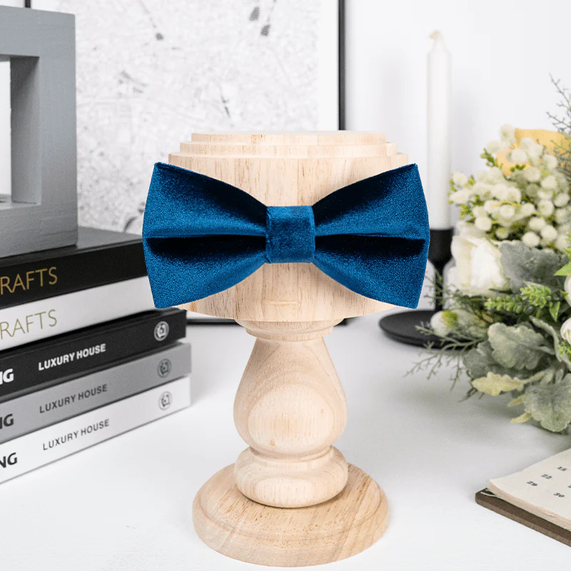 Men's Prussian Blue Solid Color Velvet Bow Tie - Image 3