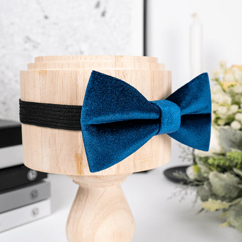 Men's Prussian Blue Solid Color Velvet Bow Tie - Image 4