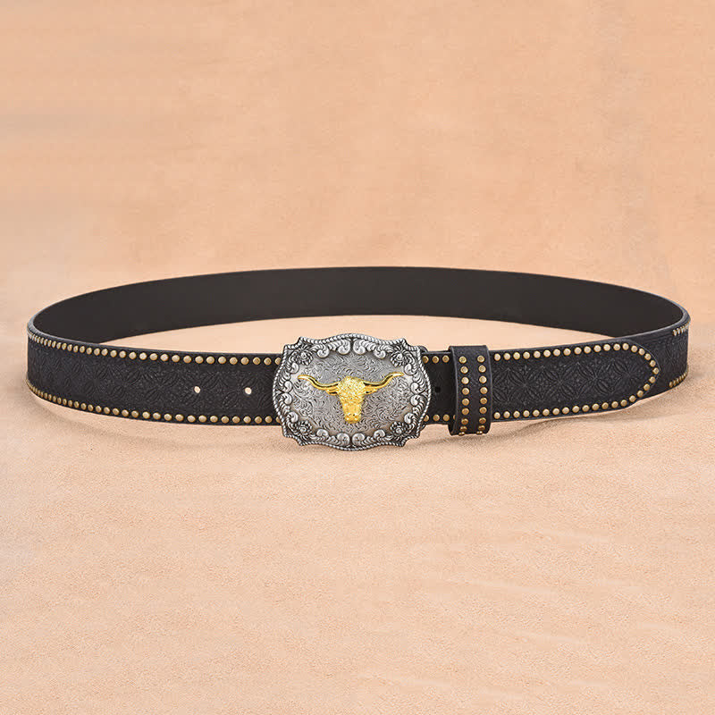 Men's Punk Rivet Gold Longhorn Bull Leather Belt - Image 10