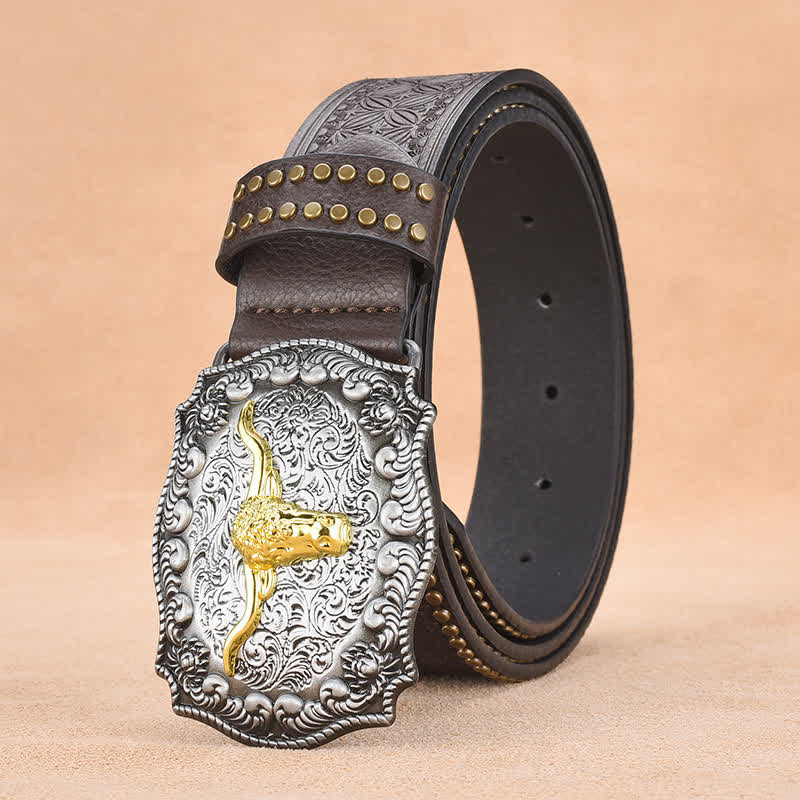 Men's Punk Rivet Gold Longhorn Bull Leather Belt - Image 11