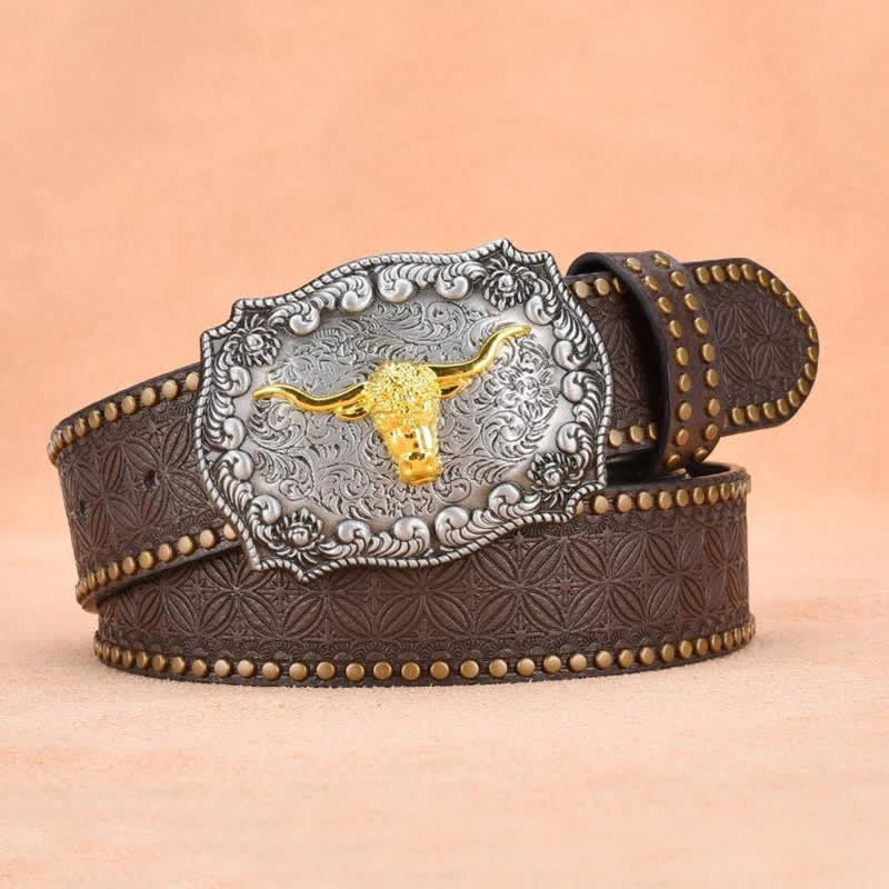 Men's Punk Rivet Gold Longhorn Bull Leather Belt - Image 12