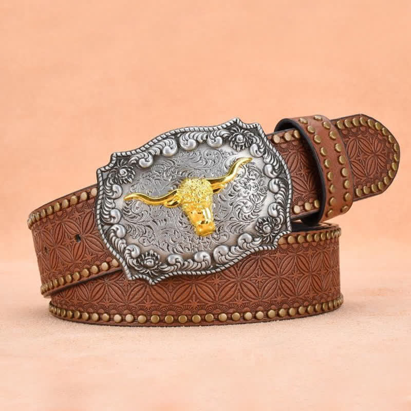 Men's Punk Rivet Gold Longhorn Bull Leather Belt - Image 2