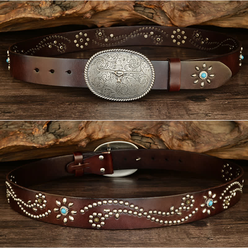 Men's Punk Rivet Longhorn Bull Turquoise Real Leather Belt - Image 10