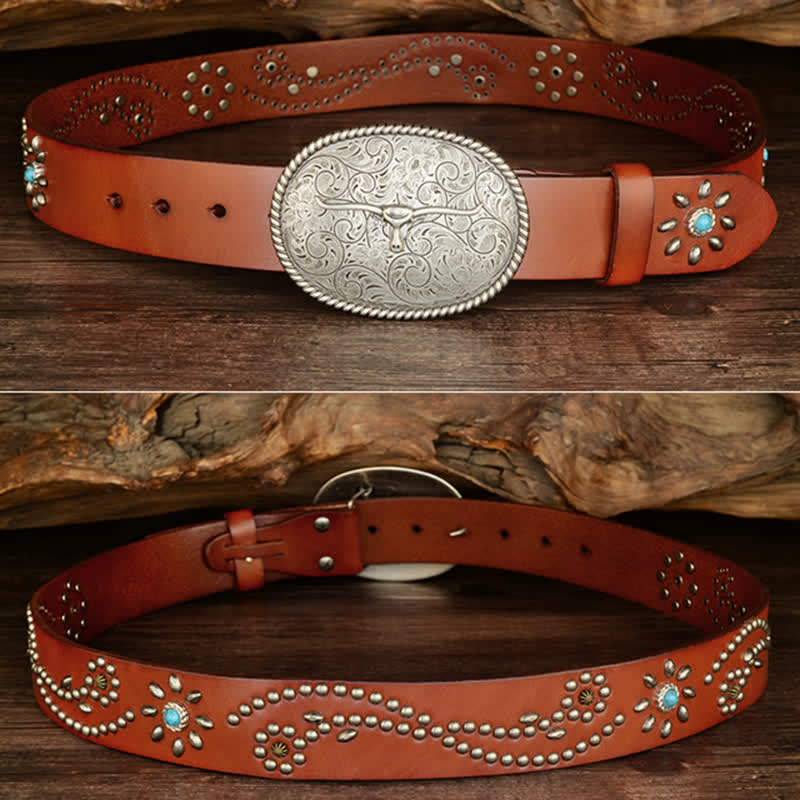 Men's Punk Rivet Longhorn Bull Turquoise Real Leather Belt - Image 13