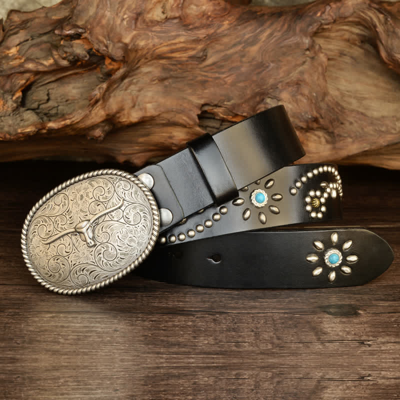 Men's Punk Rivet Longhorn Bull Turquoise Real Leather Belt - Image 5