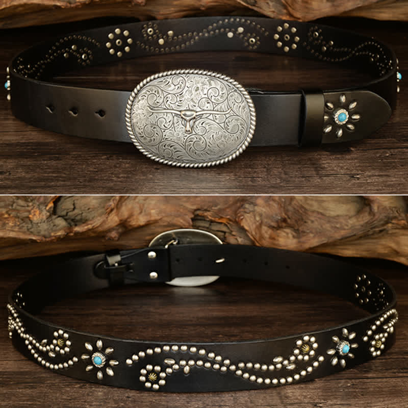 Men's Punk Rivet Longhorn Bull Turquoise Real Leather Belt - Image 6