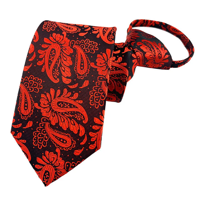 Men's Purple Red Floral Zipper Tie Paisley Necktie - Image 3