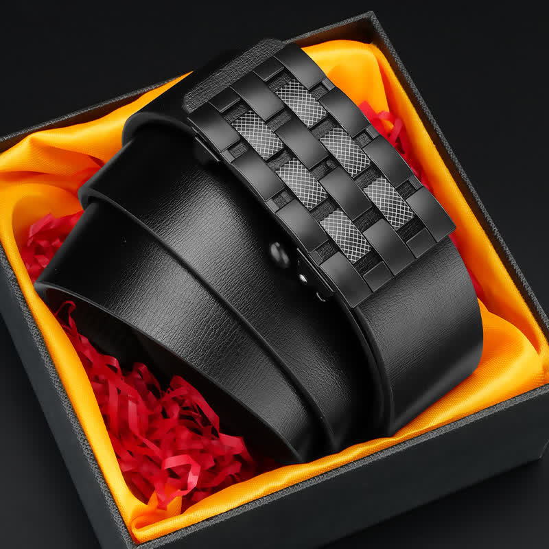 Men's Rectangular Grid Automatic Buckle Leather Belt - Image 3