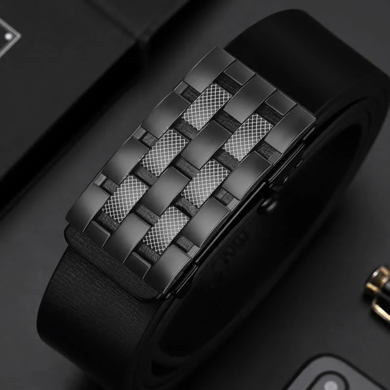 Men's Rectangular Grid Automatic Buckle Leather Belt - Image 4