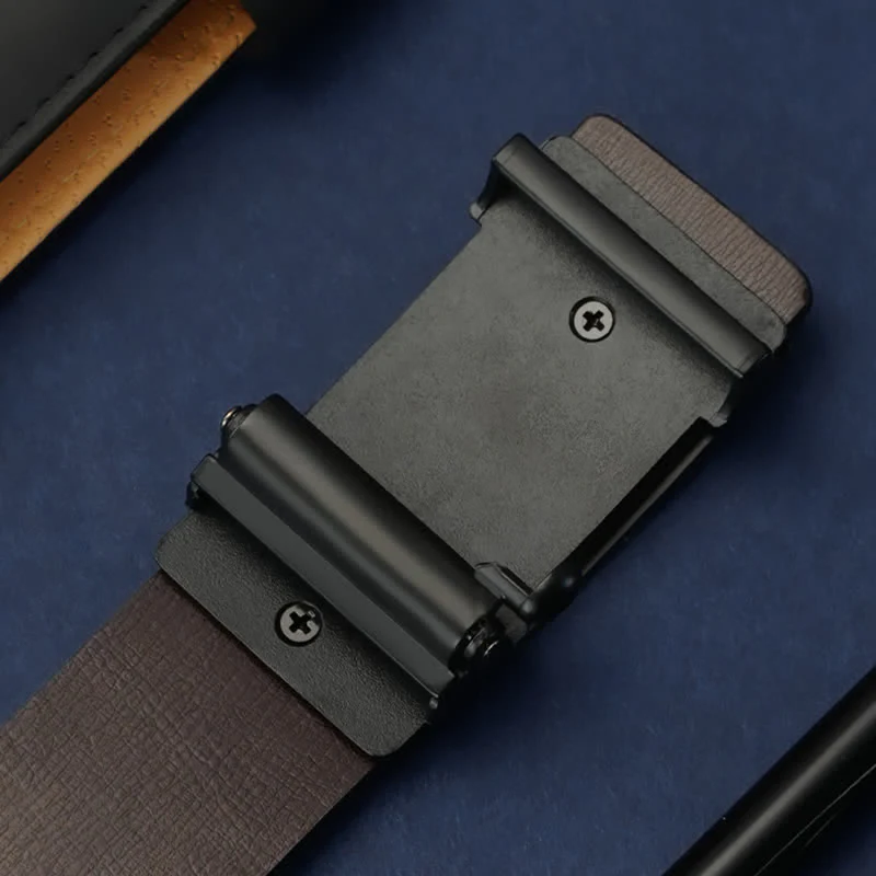 Men's Rectangular Grid Automatic Buckle Leather Belt - Image 6