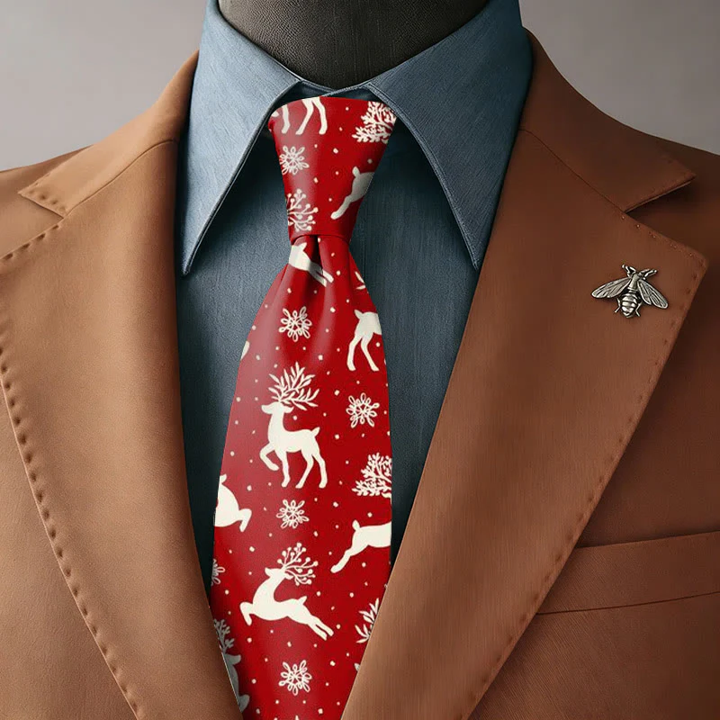 Men's Red Background White Reindeer & Snowflake Necktie