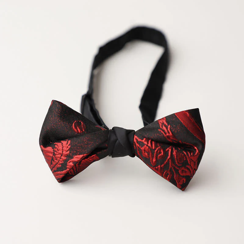 Men's Red Floral Pattern Black Bow Tie - Image 6