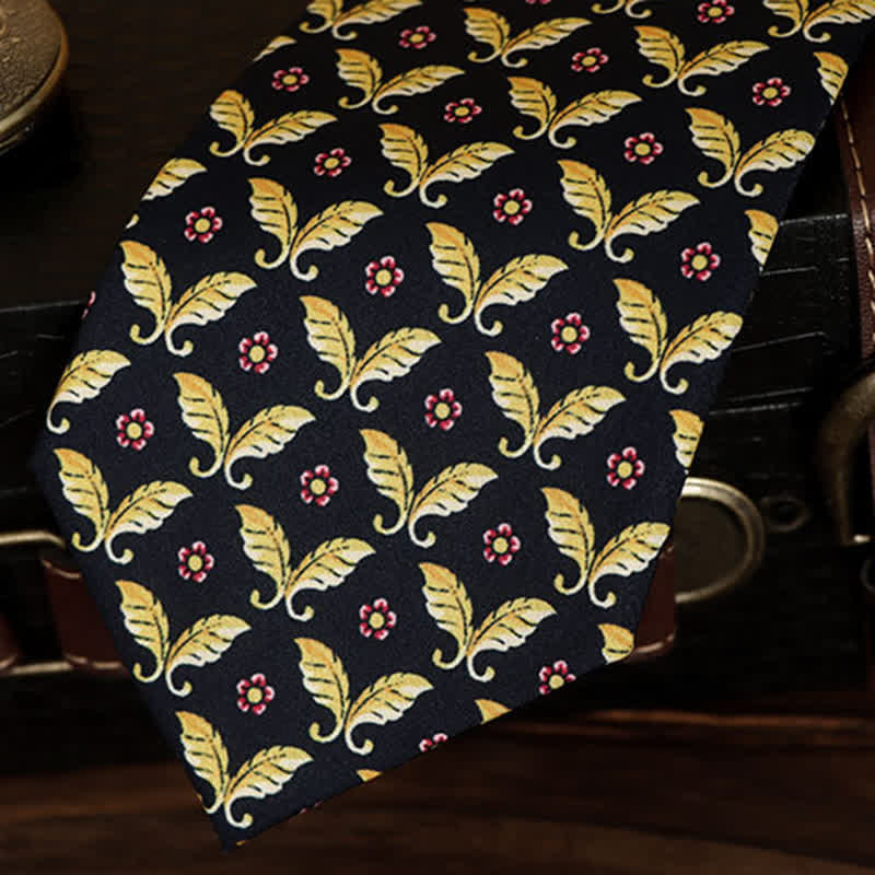 Men's Red Flowers & Gold Butterfly Motifs Dark Blue Necktie - Image 2