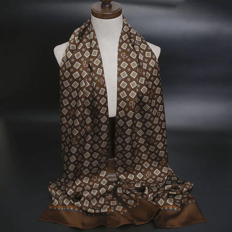 Men's Repeating Square Paisley Pattern Thin Long Pure Silk Scarf - Image 12
