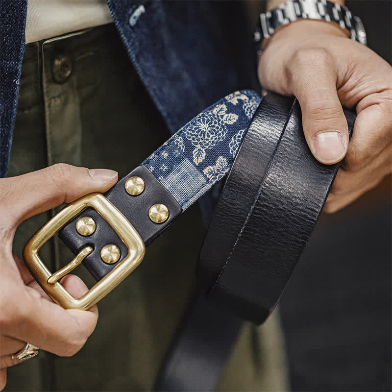 Men's Retro Ancient Floral Printed Cloth Leather Belt - Image 6