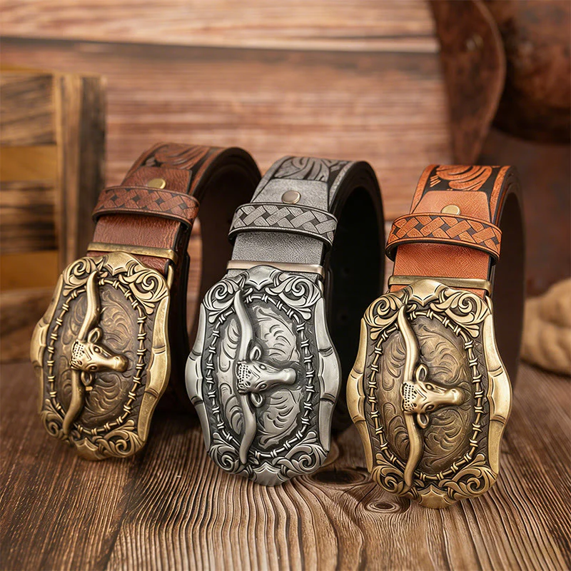 Men's Retro Bull Head Carved Buckle Leather Belt - Image 2