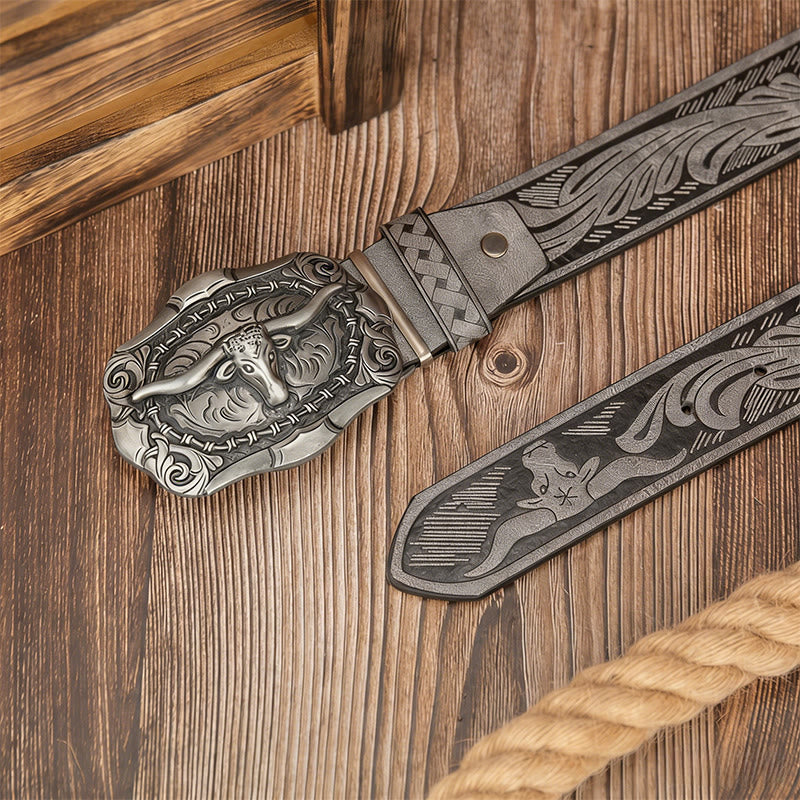 Men's Retro Bull Head Carved Buckle Leather Belt - Image 5