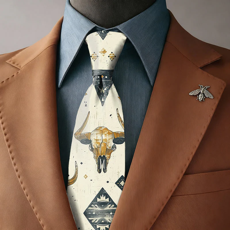 Men's Retro Bull Skull Cactus Pattern Western Style Necktie
