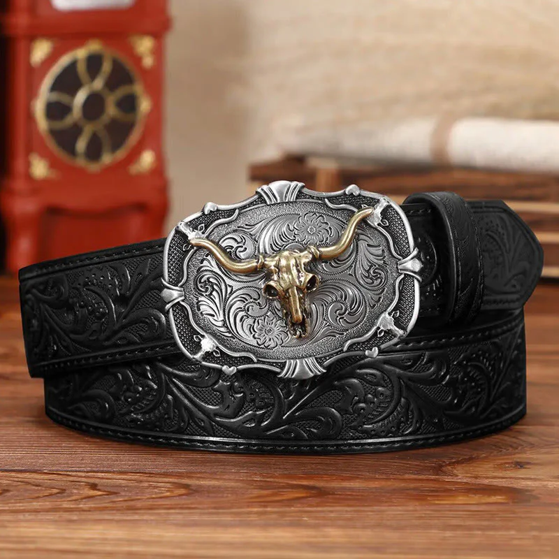 Men's Retro Carved Bull Skull Emblem Leather Belt