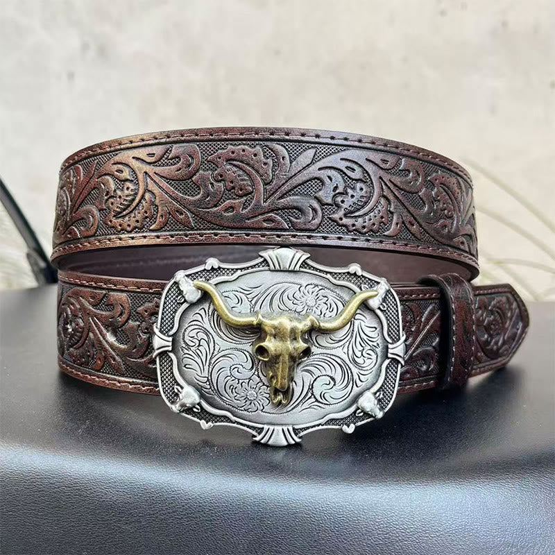 Men's Retro Carved Bull Skull Emblem Leather Belt - Image 2