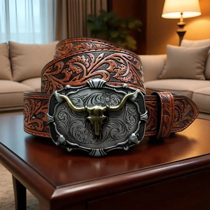 Men's Retro Carved Bull Skull Emblem Leather Belt - Image 3