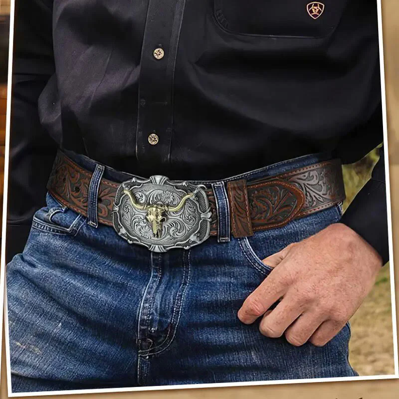 Men's Retro Carved Bull Skull Emblem Leather Belt - Image 4