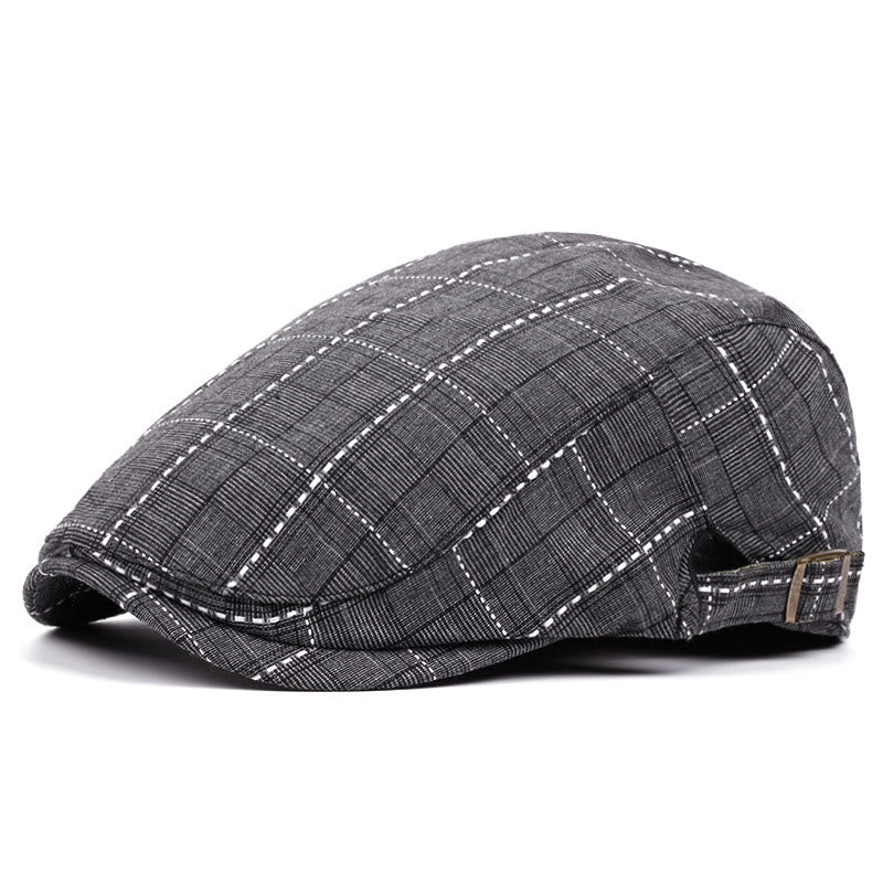 Men's Retro Checkered-Line Adjustable Buckle Beret Hat