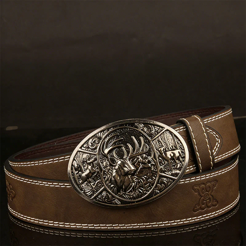 Men's Retro Deer Group Relief Buckle Leather Belt - Image 4