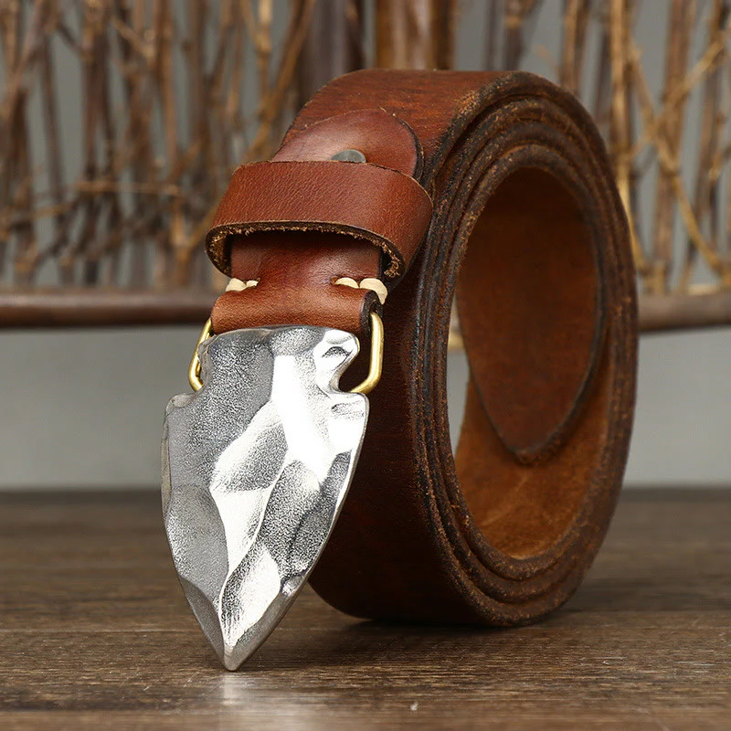 Men's Retro Distressed Silver Triangular Arrow Buckle Leather Belt