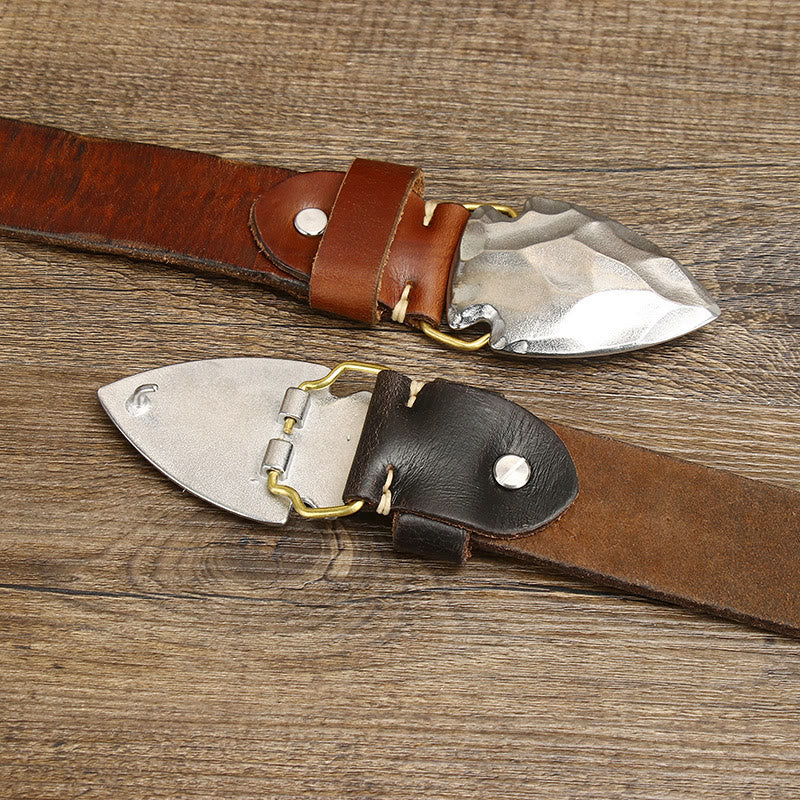 Men's Retro Distressed Silver Triangular Arrow Buckle Leather Belt - Image 5