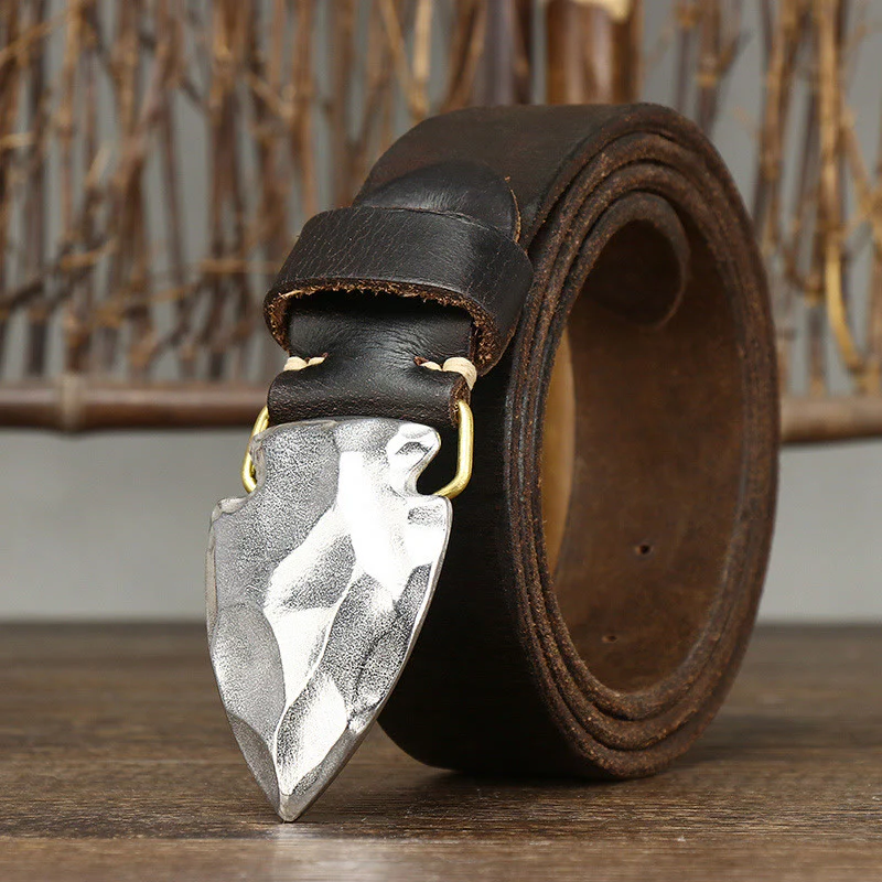 Men's Retro Distressed Silver Triangular Arrow Buckle Leather Belt - Image 6
