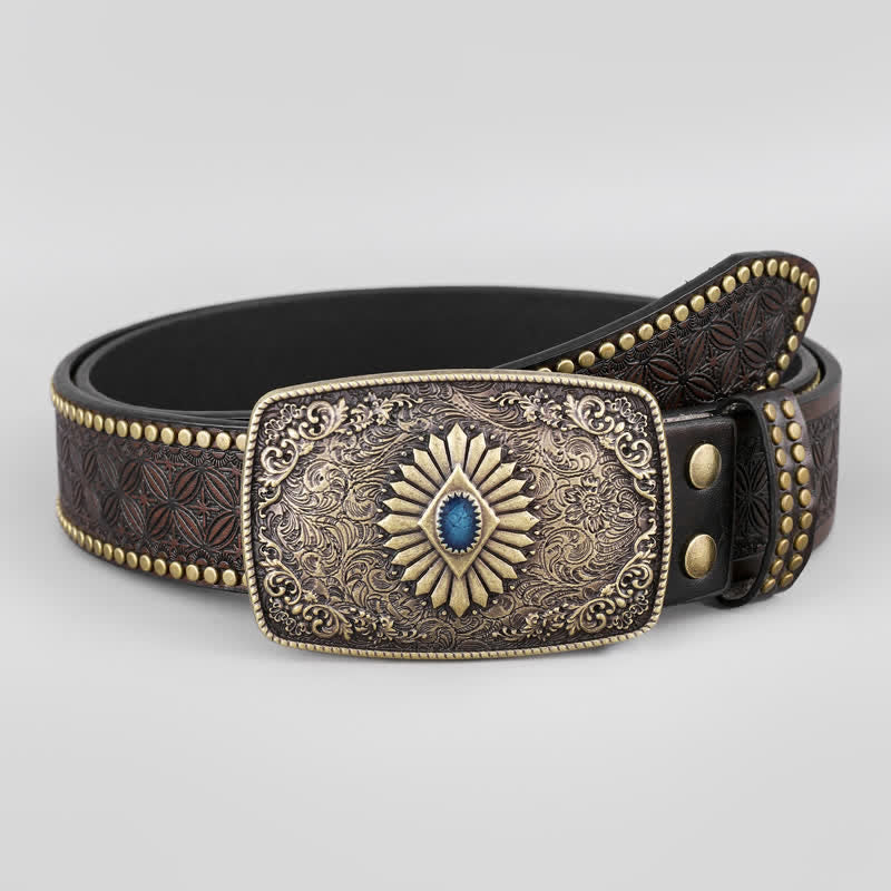 Men's Retro Flower Engraved Leather Belt - Image 3