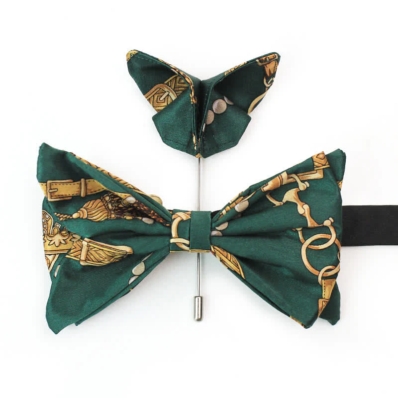Men's Retro Green & Gold Royal Court Print Bow Tie - Image 4