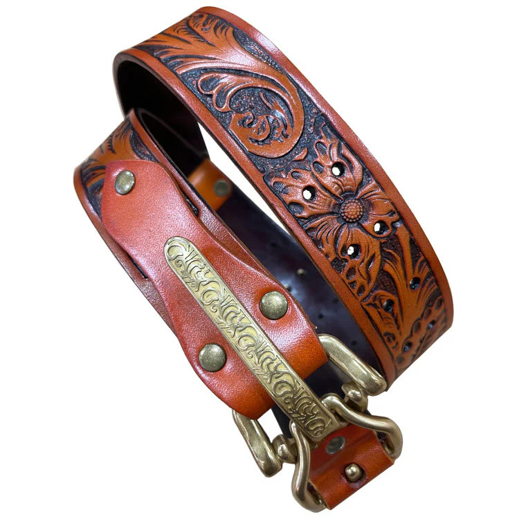 Men's Retro Knight Golden Buckle Carved Leather Belt - Image 5