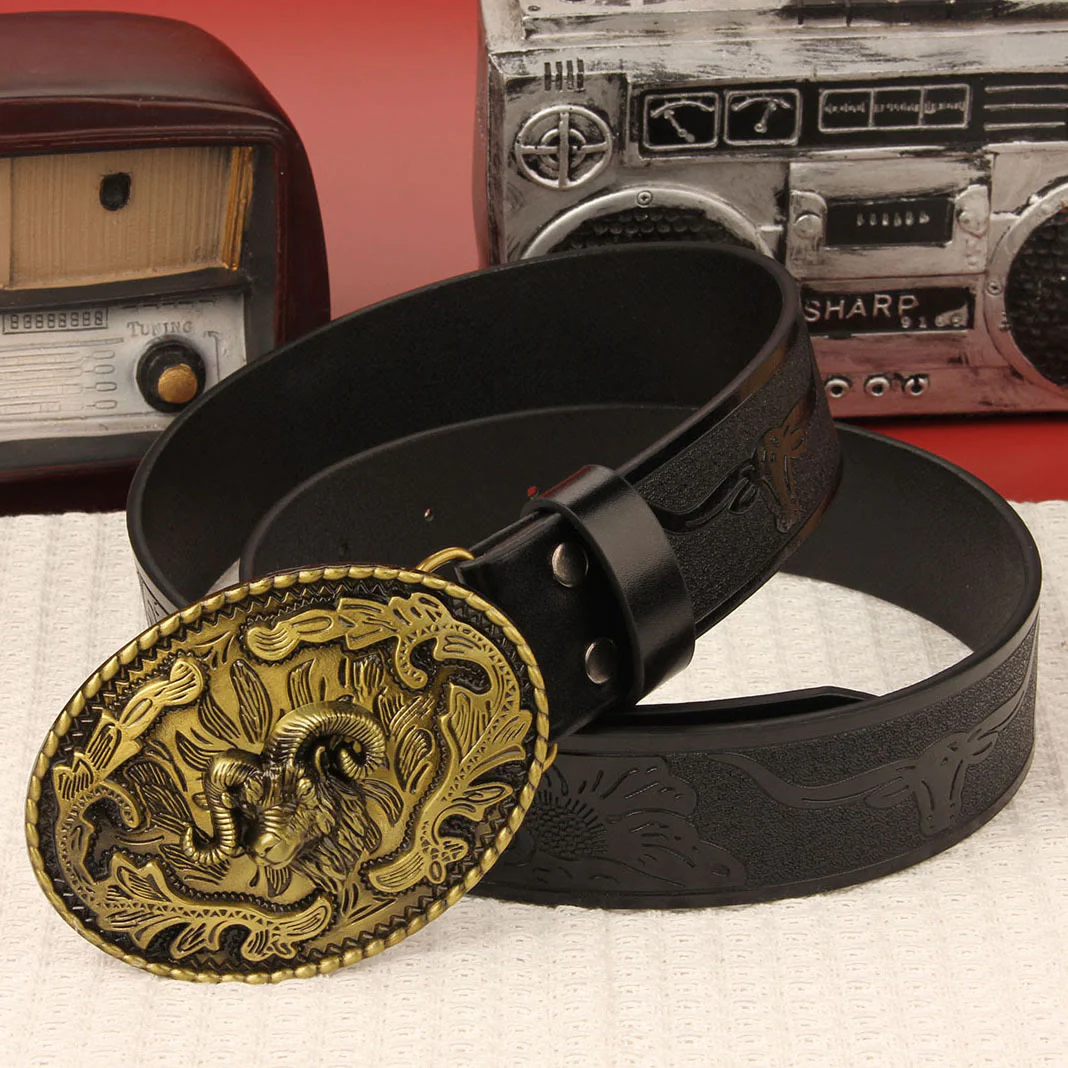 Men's Retro Ram Head Emblem Leather Belt