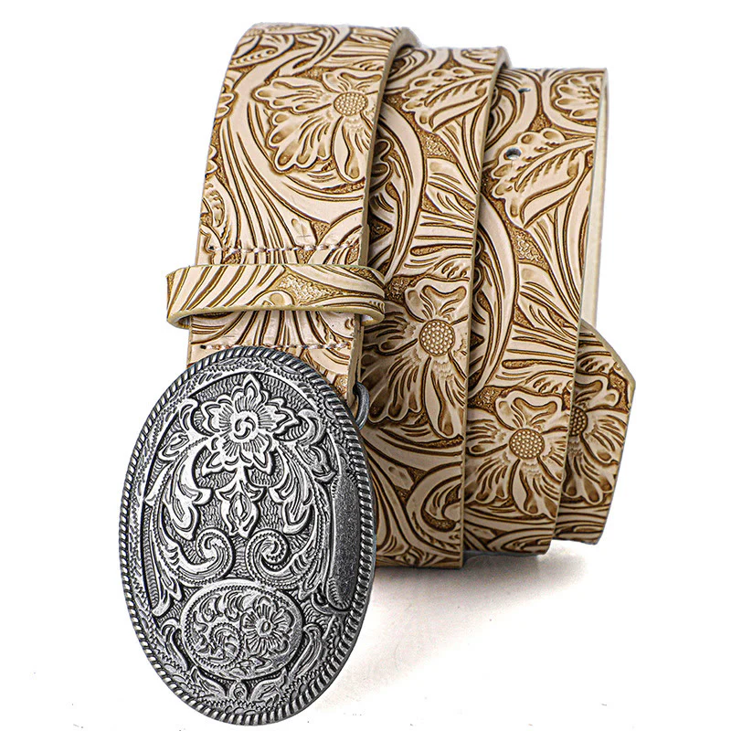 Men's Retro Silver Oval Carved Buckle Leather Belt