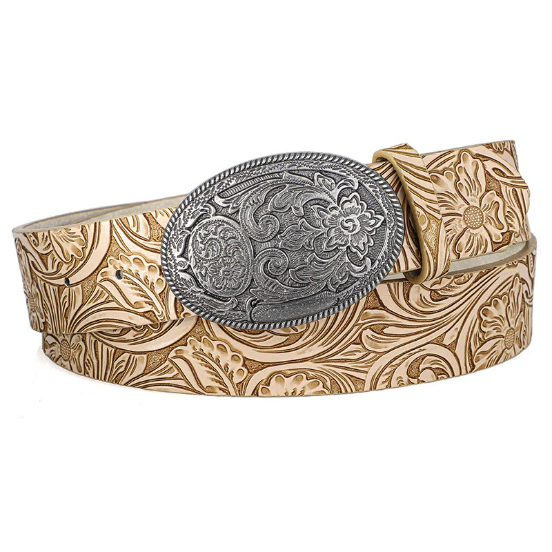 Men's Retro Silver Oval Carved Buckle Leather Belt - Image 2