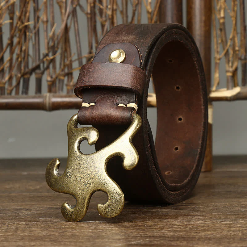 Men's Retro Star Burst Brass Buckle Leather Belt - Image 5