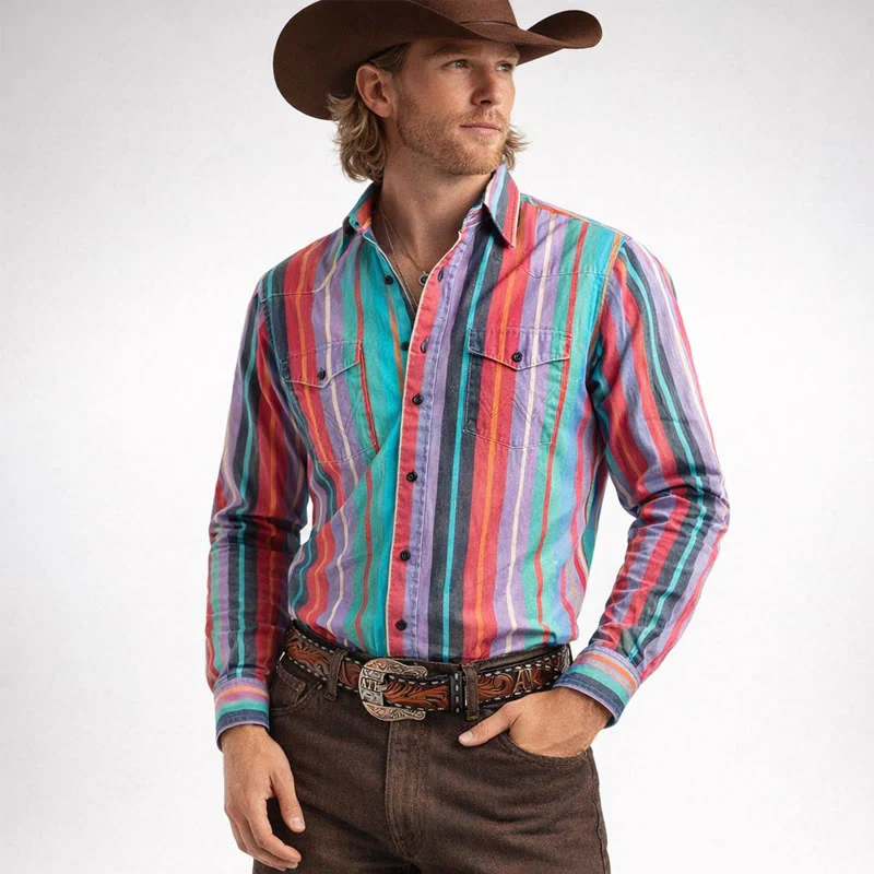 Men's Retro Western 3D Printed Rainbow Stripe Shirt
