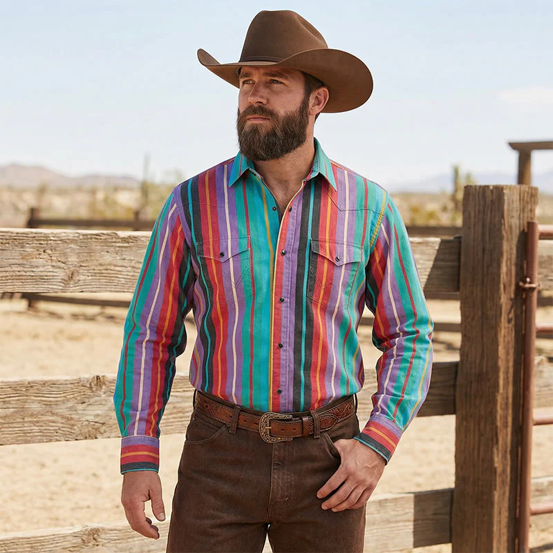 Men's Retro Western 3D Printed Rainbow Stripe Shirt - Image 2