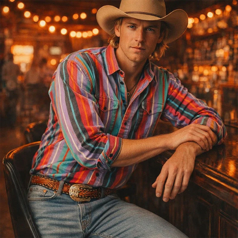 Men's Retro Western 3D Printed Rainbow Stripe Shirt - Image 3