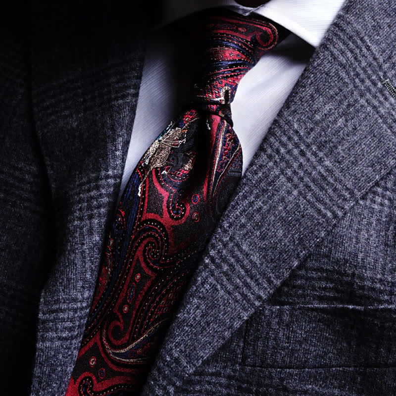 Men's Riding Horse Embroidery Red Paisley Necktie - Image 2