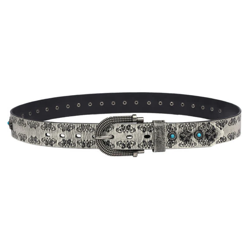 Men's Rivet Butterfly Carving Turquoise Inlay Leather Belt - Image 13