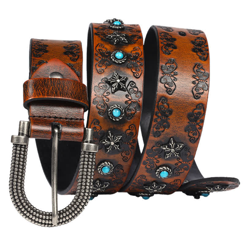 Men's Rivet Butterfly Carving Turquoise Inlay Leather Belt - Image 2