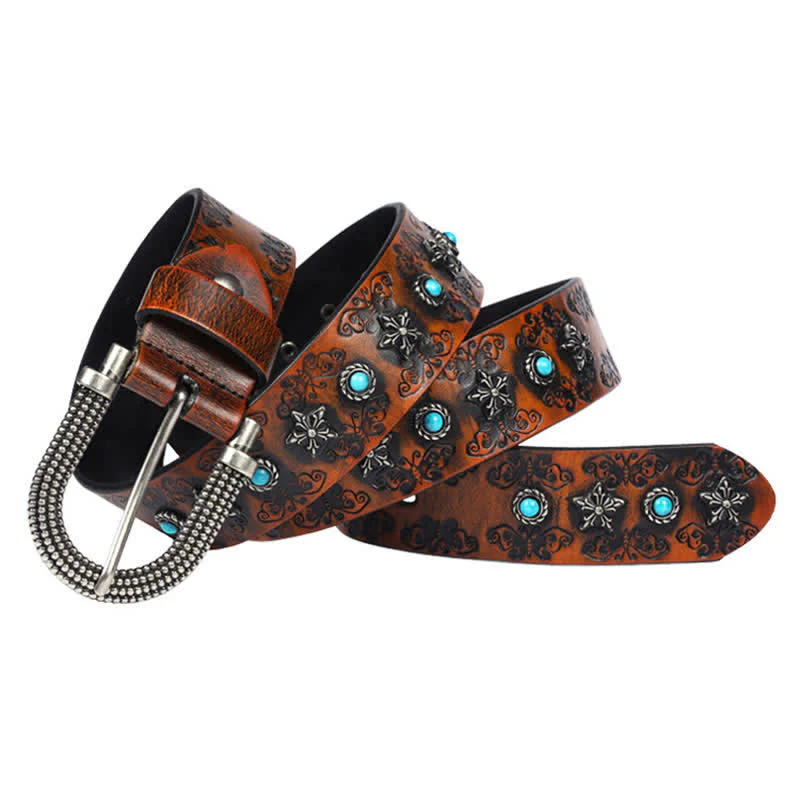 Men's Rivet Butterfly Carving Turquoise Inlay Leather Belt - Image 3