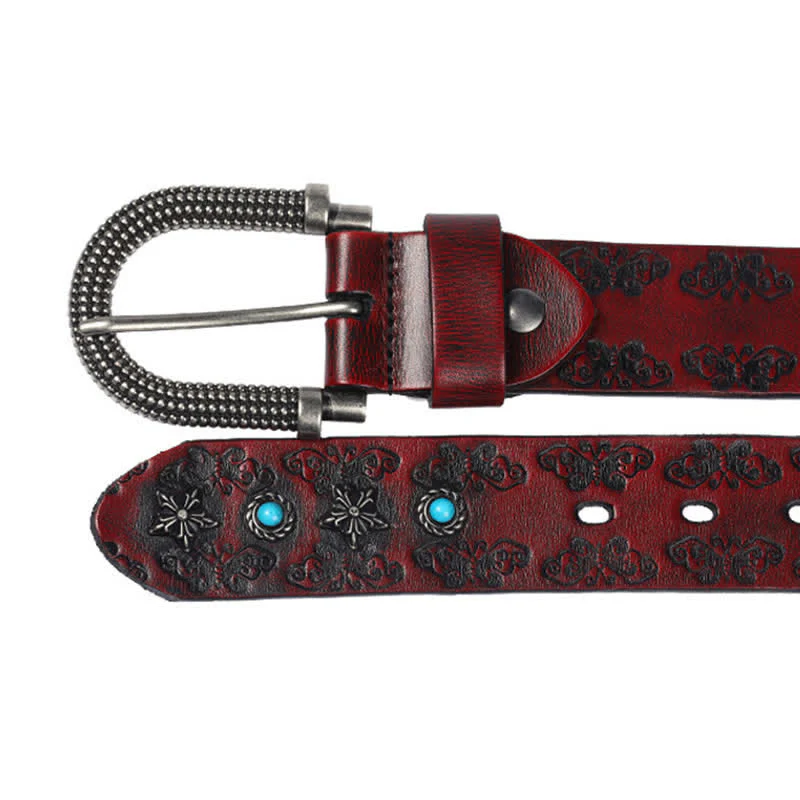 Men's Rivet Butterfly Carving Turquoise Inlay Leather Belt - Image 8