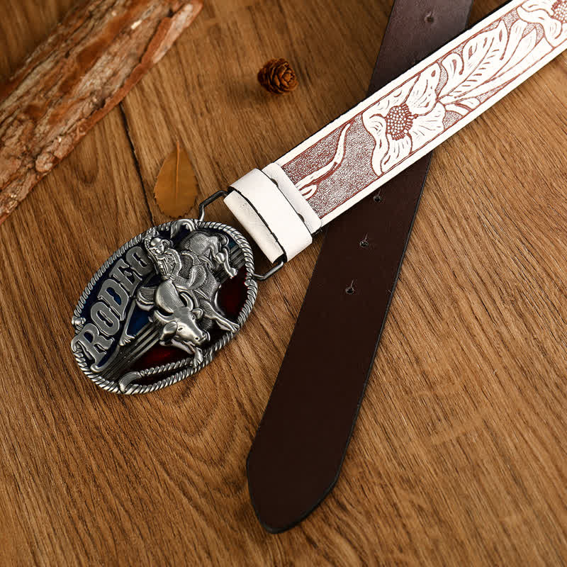 Men's Rodeo Bullfighting White Embossed Leather Belt - Image 4