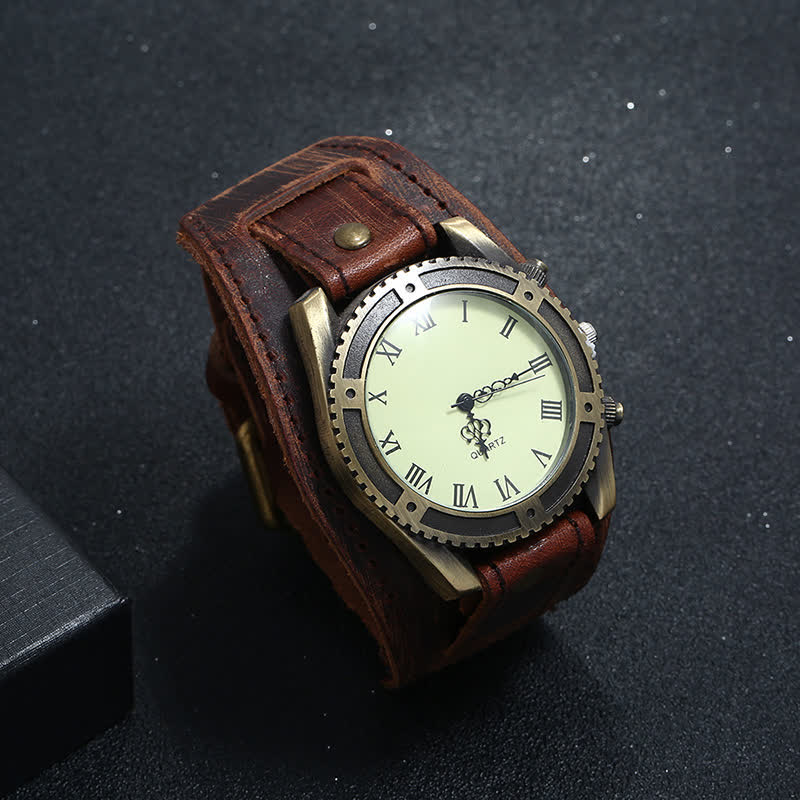 Men's Roman Numerals Gear Cuff Leather Watch - Image 10