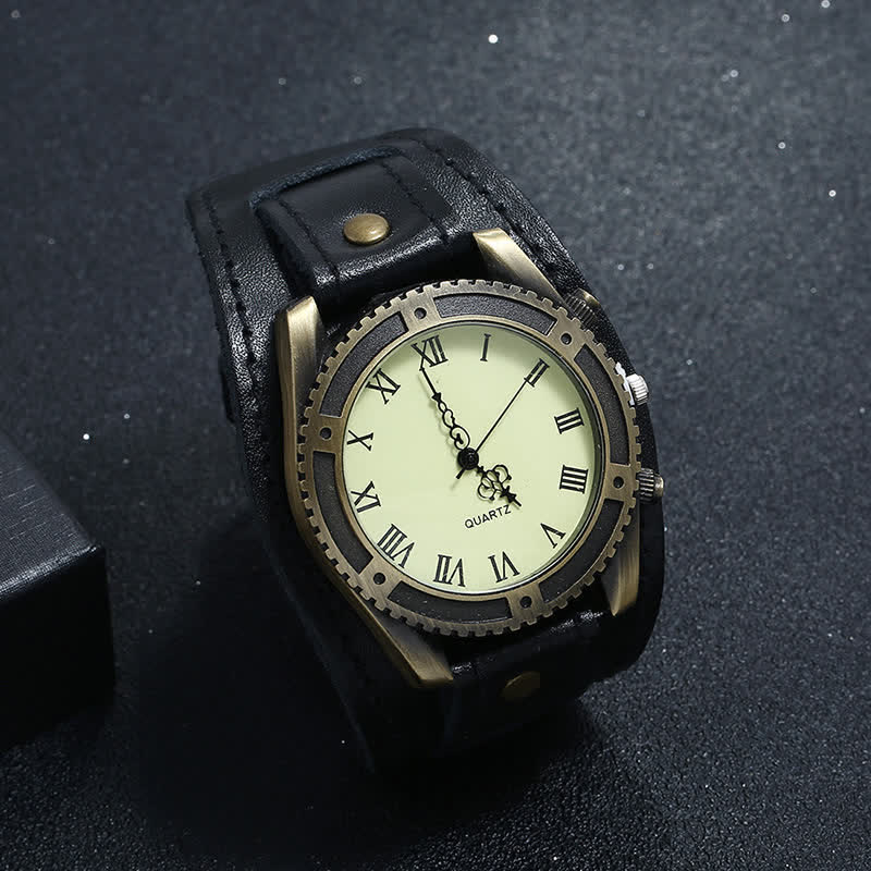 Men's Roman Numerals Gear Cuff Leather Watch - Image 12