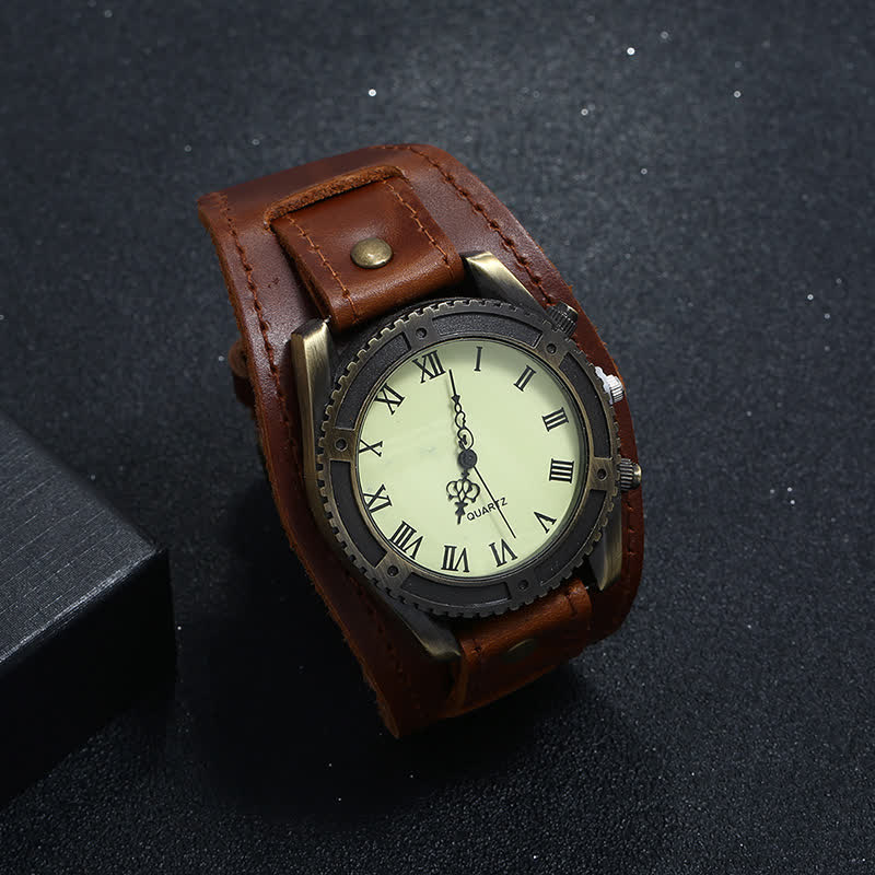 Men's Roman Numerals Gear Cuff Leather Watch - Image 4